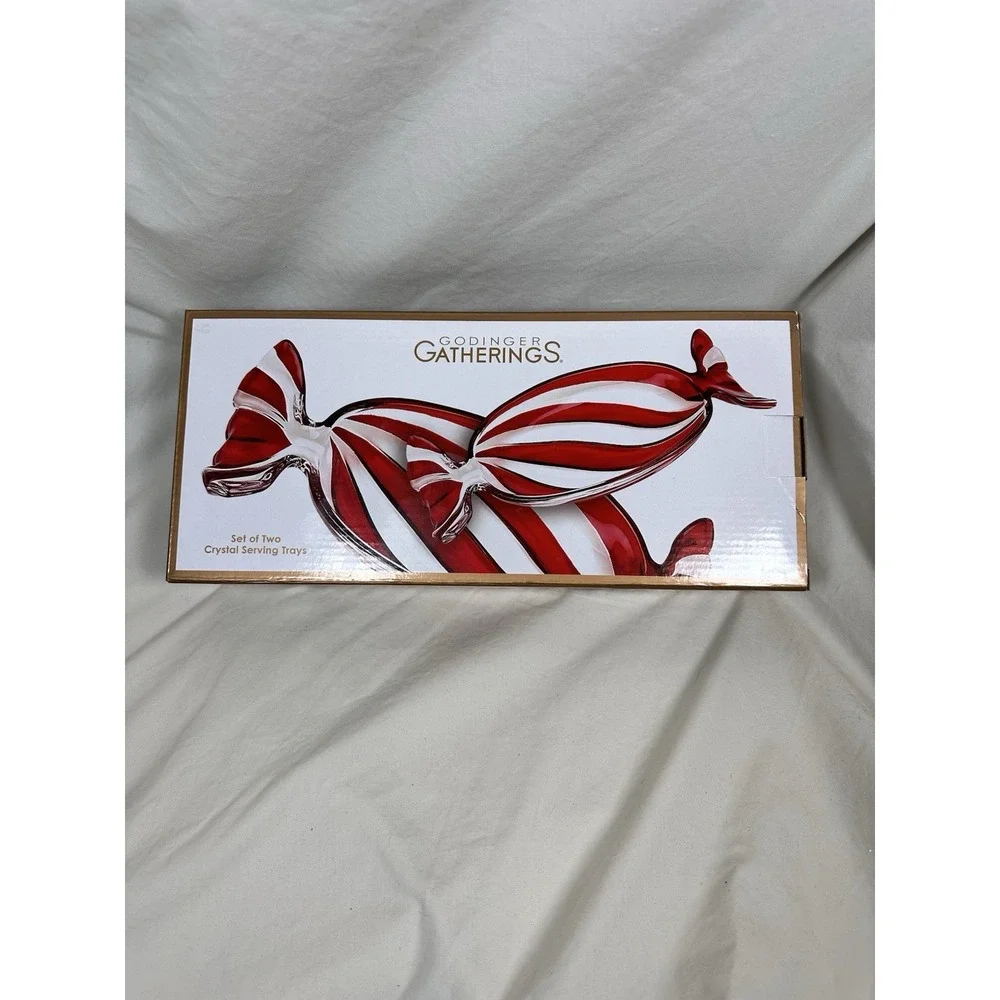 Godinger Gatherings Peppermint Candy Crystal Serving Trays Set of 2 Christmas‎